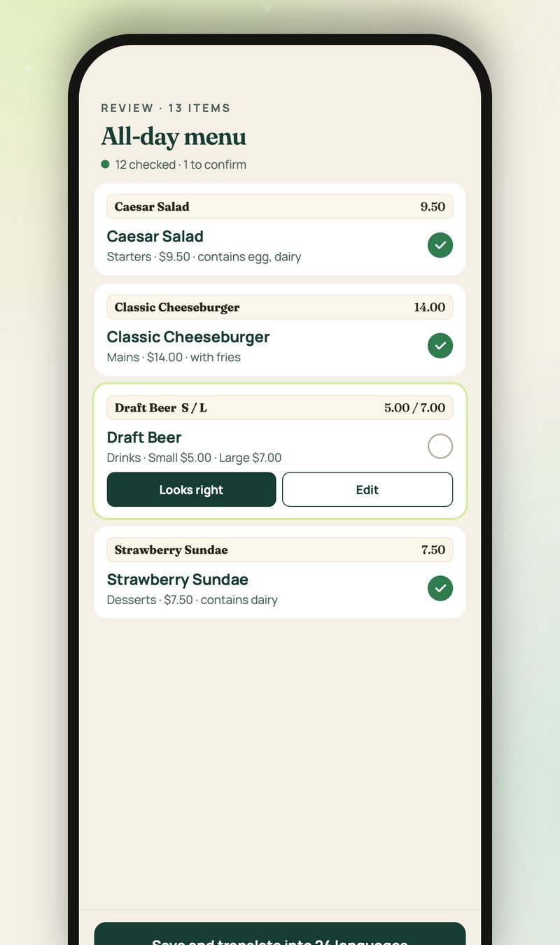The review screen listing dishes with their photo crops and prices