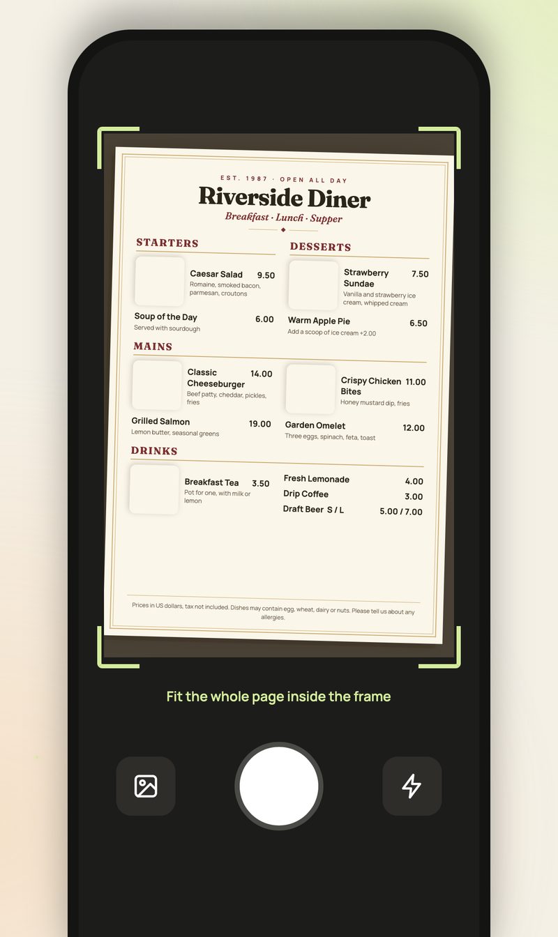 The camera screen framing a paper menu
