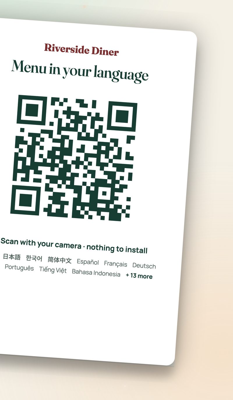 A table card reading “Menu in your language” with a QR code
